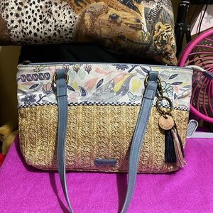 Sakroots Ellis Purse Straw Bird Fabric Print Blue Satchel